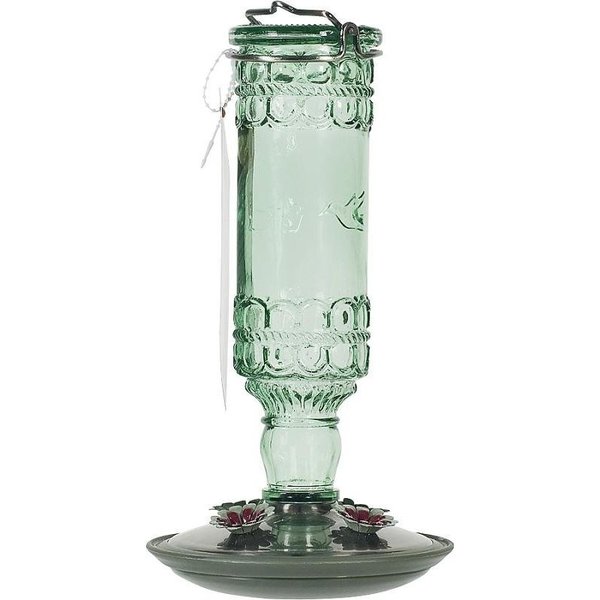 Perky-Pet Bird Feeder, Antique Bottle, 10 oz, 4PortPerch, GlassMetal, Green, 10 in H 8108-2